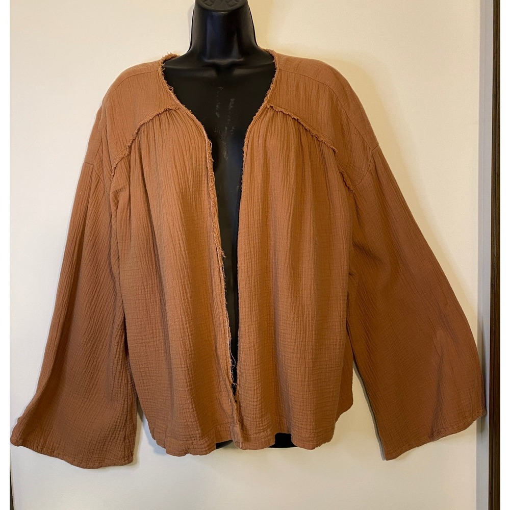 Free People Terracotta Cotton Gauze Open Front Cardigan Raw Edge Boho XL